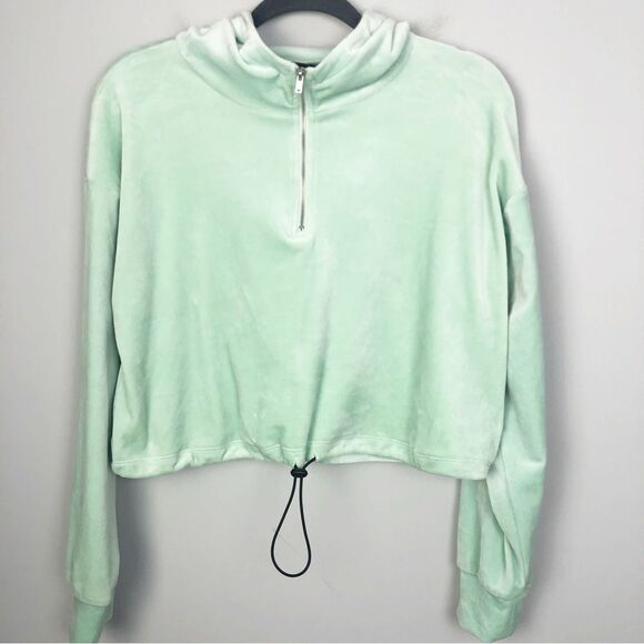 FOREVER 21 | Velvet Cropped 1/4 Zip Pullover Hoodie Pistachio Green Women’s M - Picture 3 of 10